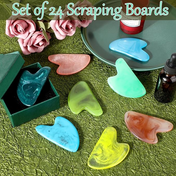 Sherr 24 Pcs Gua Sha Facial Tool Resin Gua Sha Massage Tool Heart Shaped Gua Sha Stone Guasha Board for Face Body Skin Massage Spa Acupuncture Prevent Wrinkles (Mixed Colors)