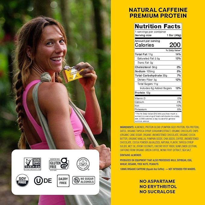 Quantum Energy Square: Energy Bar with Caffeine & 10g Protein. Delicious Healthy Snack On The Go. (Vegan, Gluten-free, Soy-free, Dairy-free) (Caffe Mocha Almond Chip)