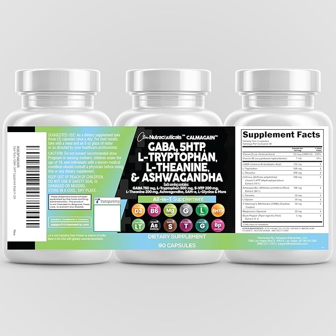 Clean Nutraceuticals GABA 750mg 5 HTP 200mg L Tryptophan 500mg L Theanine 200mg Ashwagandha SAM-e L-Glycine - Mood Support Vitamins for Women and Men with L-Tyrosine 5-HTP (5-Hydroxytryptophan)