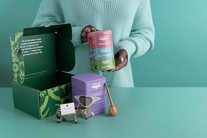 JusTea Holiday Tea Gift Box | Holiday Trio with Hand Carved Tea Spoon & Infuser Steeper Strainer | Loose Leaf | Variable Caffeine | Award-Winning | Fair Trade | Non-GMO