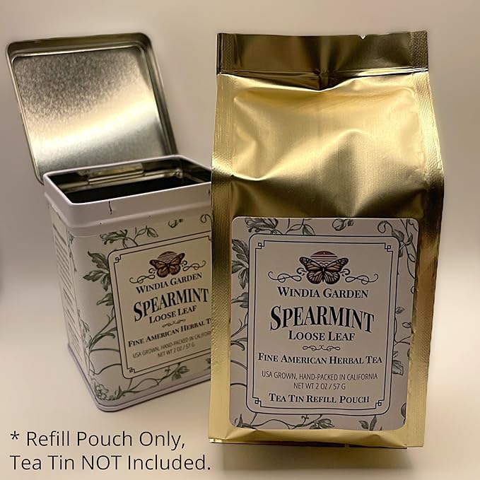 Windia Garden, Spearmint Tea, Loose Leaf Herbal Tea, Grown in USA, Caffeine-Free, Refill Pouch, Hand-Packed in California, Small Woman Owned Business