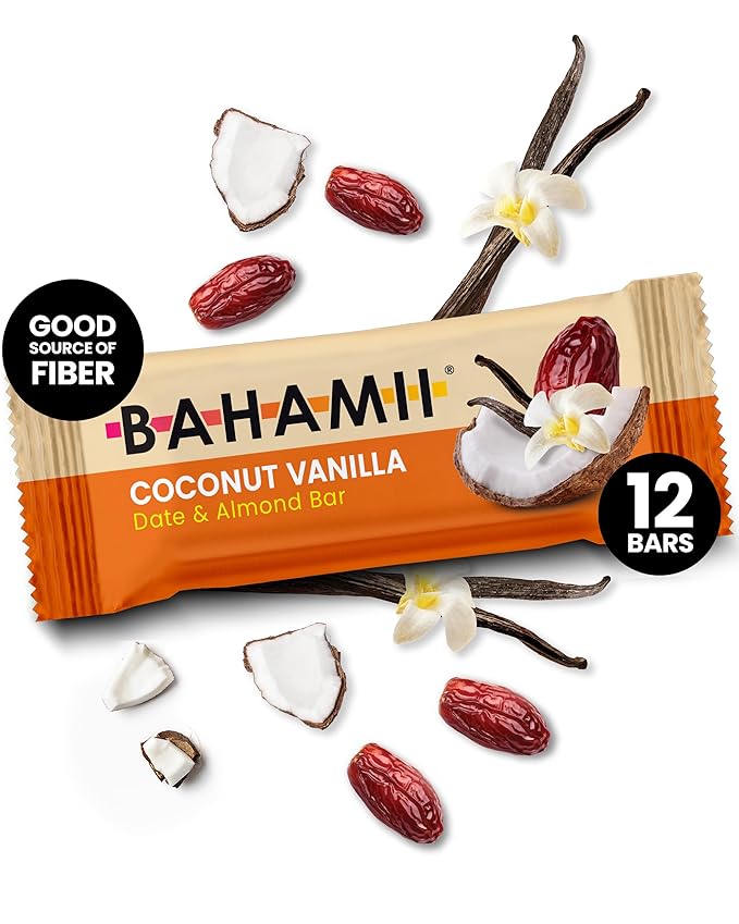 Bahamii Almond Nut & Date Bars - Coconut Vanilla, 12 Pack, Only 6 Ingredients, Soft & Delicious Snack Bar with Almonds, Dates, Organic Coconut, Vanilla, Sea Salt, Diabetic Snacks, Gluten Free, Vegan