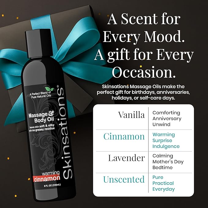Skinsations - Cinnamon Massage Oil for Massage Therapy - 16oz | Naturally Warming Body Oil for Comfort & Aromatherapy | Sweet Almond, Coconut, Jojoba & Grapeseed Oils