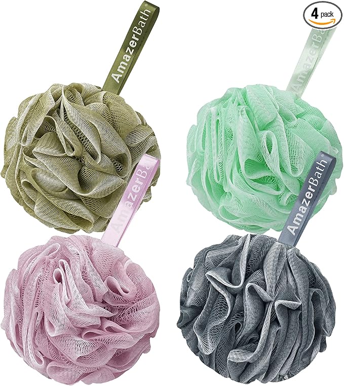 AmazerBath Loofah Sponge 75g/Piece, Exfoliating Bath Sponge Body Scrubber, Large Loofa Set of 4 - White Grey-Pink-Army Green-Green
