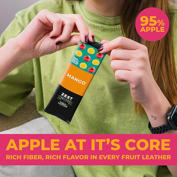 Fruit Snacks by Zest Delites, Fruit Leather, Dried Mango Bars, Healthy Snacks for Adults & Kids, No Sugar Added, Apple-Based Mango Strips, 0.88 oz x 10