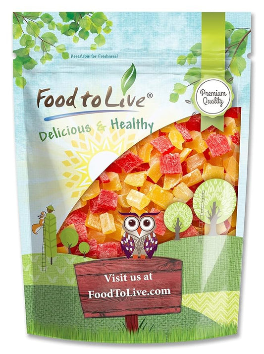 Food to Live Diced Fruits Mix, 4 Ounces - Contains Dreid and Diced Mango, Pineapple, Papaya. Sweetened, Unsulfured, Candied Vegan Snack, Kosher, Bulk, Great for Culinary Use and Baking