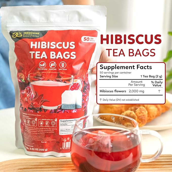 Indochine Blends Hibiscus Tea Bags | 100% Pure Hibiscus Flower | Sugar-Free, Caffeine-Free Herbal Tea | Double Chamber, Individually Wrapped Bags| Rich in Natural Goodness and Flavor | 3.5 oz | 50 Tea Bags