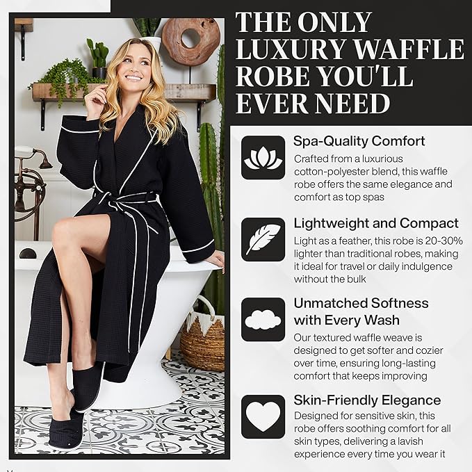 Lotus Linen Waffle Robes for Women - Lightweight Cotton Kimono Bathrobe - Long Soft Spa Bath Robe