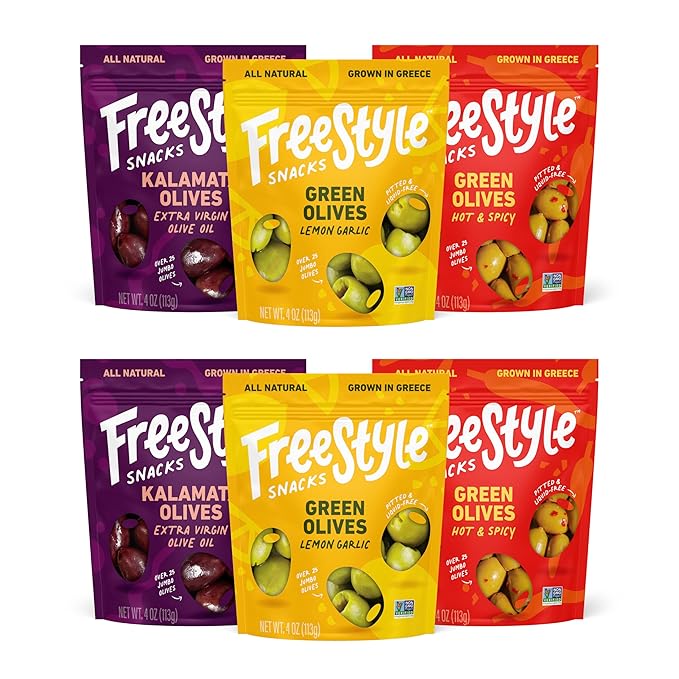 Freestyle Snacks Olive Snack Packs - Fresh Pitted Kalamata & Green Olives, Jumbo-Sized, Grown in Greece, Salty Snack, All Natural, Non-GMO, Paleo, Sugar-Free, Keto Snacks - Variety Pack, 4oz (6 Pack)