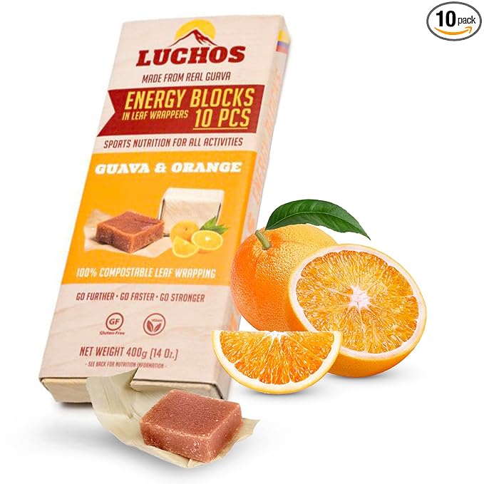 LUCHOS Natural High Energy Bars Power Blocks for Sports, Endurance, Running, Hiking, Cycling, Pre Workout Healthy Snacks, High Carb, Vegan and Gluten Free, Guava and Orange, 10 Pieces