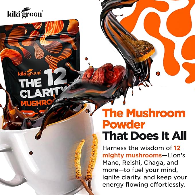 KIKI Green 12 Mushroom Powder 4 oz - Lion's Mane, Cordyceps, Chaga, Reishi, Shiitake, Maitake & More - Vegan, Fruiting Body Mushroom Supplement Powder for Focus, Energy, Immunity