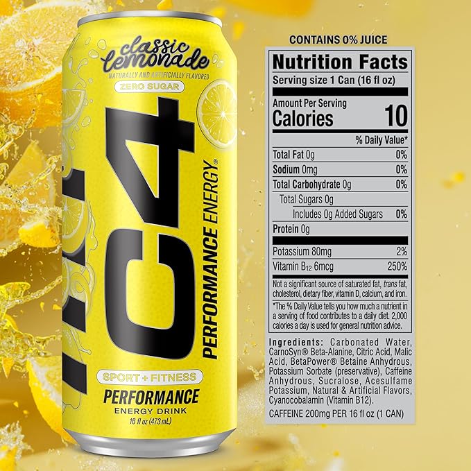 Cellucor C4 Energy Drink, Lemonade Limited Edition Carbonated, Sugar Free Pre Workout Performance Drink with no Artificial Colors or Dyes, 16oz Pack of 12
