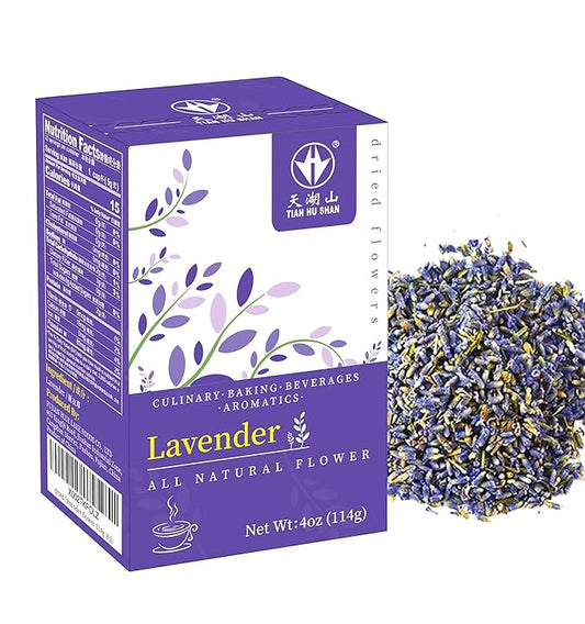 TIAN HU SHAN Dried Lavender Flower Buds, Culinary Food Grade for Baking, Fresh Fragrance, 4 Ounce, Caffeine Free Suger Free Vegan Herbal Tea, Packing in Bulks