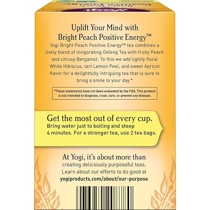 Yogi Tea Bright Peach Positive Energy Tea - 16 Tea Bags per Pack (6 Packs) - Organic Tea to Support Focus & Energy - Includes Oolong Tea Leaf, White Hibiscus Flower, Rose Hips & More