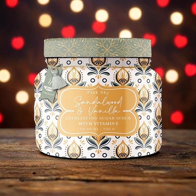 Pink Sky Exfoliating Body Scrub - Ultra Gentle Sugar Scrub for Smooth Skin - Premium Body Scrubs for Radiant, Soft Skin - Ideal Exfoliator for All Skin Types - 700g (Sandalwood & Vanilla, 24.69 Oz)