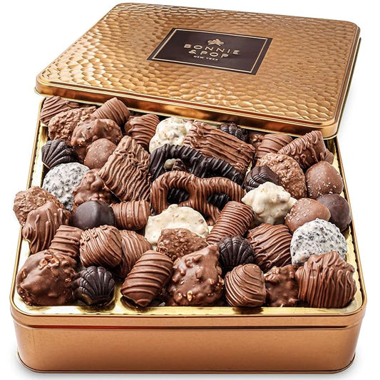 Chocolate Gift Basket, Gourmet Snack Food Box in Keepsake Tin, 2+ lbs of Chocolate, Great for Birthday, Sympathy, Family Parties & Get Well - Bonnie & Pop