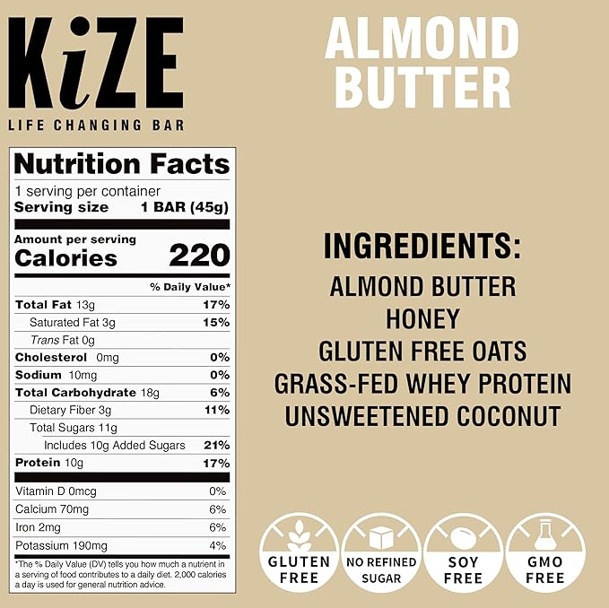 KiZE Energy Bars - Almond Butter - 30-Count - Almond-Butter-Based, Gluten Free, Non-GMO, and High Protein Meal Replacement Energy Bars, Clean and Simple Food Ingredients - 10g High Protein Snacks (30 Count)