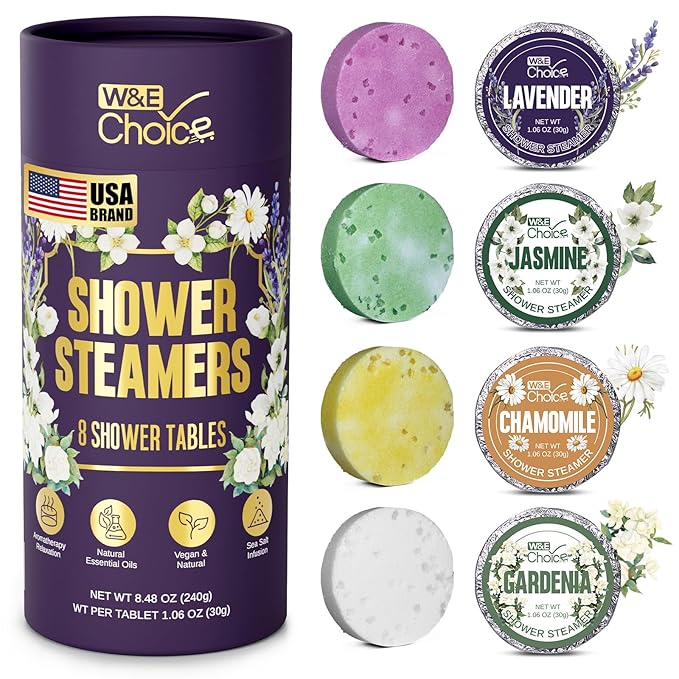 W&E Choice Shower Steamers Aromatherapy 8 Pcs- Shower Bombs with Natural Essential Oils for Daily Relaxation & Stress Relief, Birthday Gifts for Women & Men, Mom, Teen