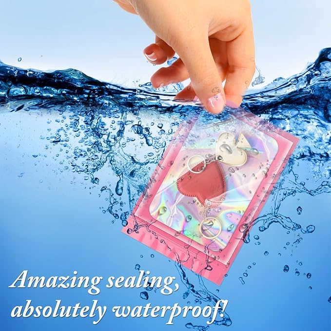 ANZNKU 100 Pcs Smell Proof Mylar Resealable Bags, Holographic Packaging Bags, Resealable Odor Foil Pouch Zip Bag with Clear Window for Food Storage and Lipgloss, Jewelry Lash(Pink, 5.5 x 7.9 Inch)