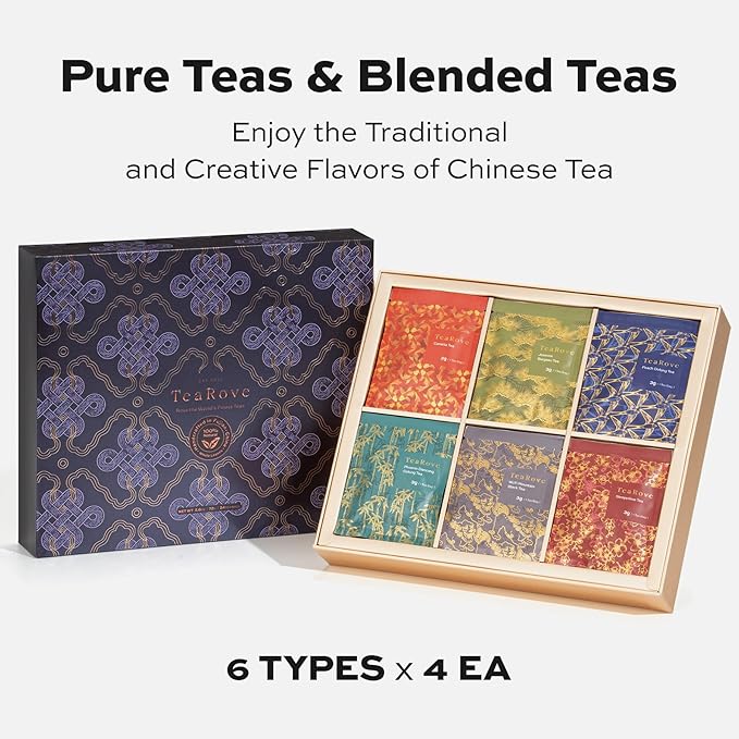TeaRove Tea Sampler Gift Box - The Road Ahead Collection, Fancy Chinese Full-Leaf Tea Assortment Variety Pack, Black, Oolong, Jasmine Green & Herbal Teas, Hot or Iced, Self Care Gifts for Teas Lovers