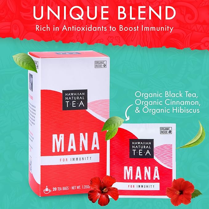 Mana Hibiscus Tea - Herbal Black Tea - All Natural Wellness Tea - Refreshing, Uplifting and Energizing Tea with Cinnamon & Mint - Supports Immune Health 60 Tea Bags