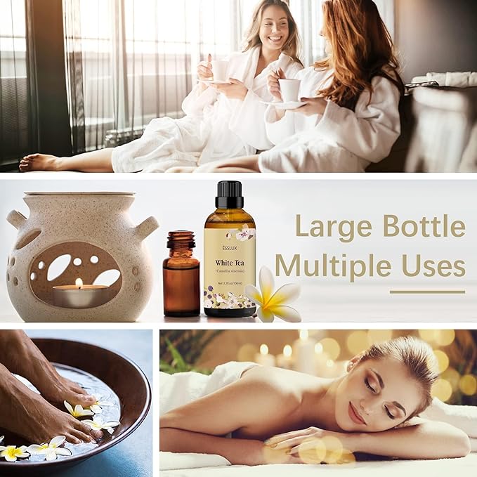 White Tea Essential Oil 100ml (3.3 Fl Oz), ESSLUX Aromatherapy Essential Oils for Diffuser, Massage, Soap, Candle Making, Home Fragrance