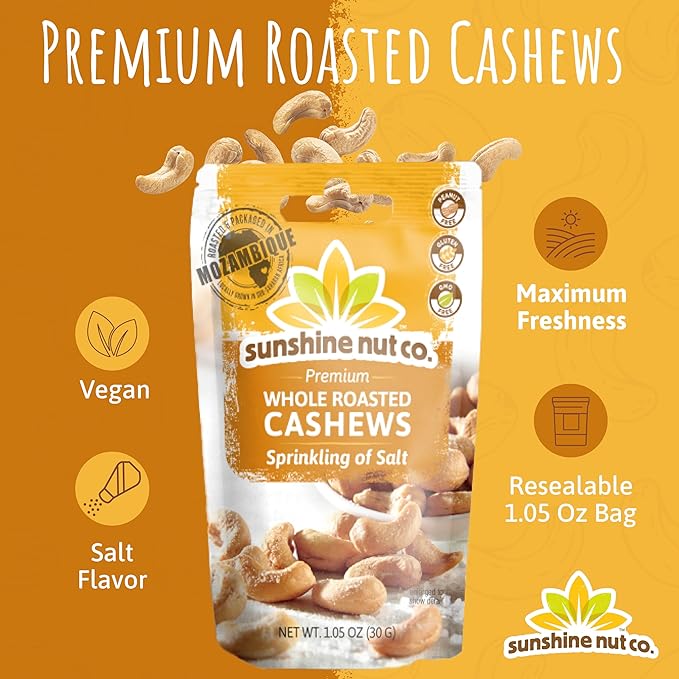 Sunshine Nut Company Whole Roasted Lightly Salted Cashews, Sprinkling of Salt Flavor, 12-Pack, 1.05 oz., Gluten Free, Peanut Free and Vegan Individual Snack Packs for Kids and Adults, GMO Free