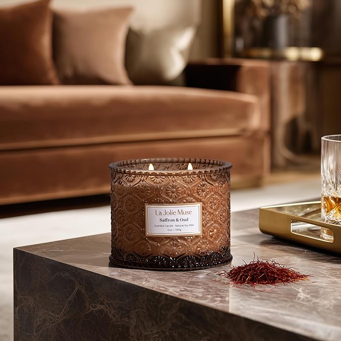 LA JOLIE MUSE Saffron & Oud Candle - Incense, Oud, Red Saffron | 12 oz Large 2-Wick Soy Wax Candle | 60 Hours Clean Burn | Gift-Ready for Hosts & Gatherings | Elegant Home Décor
