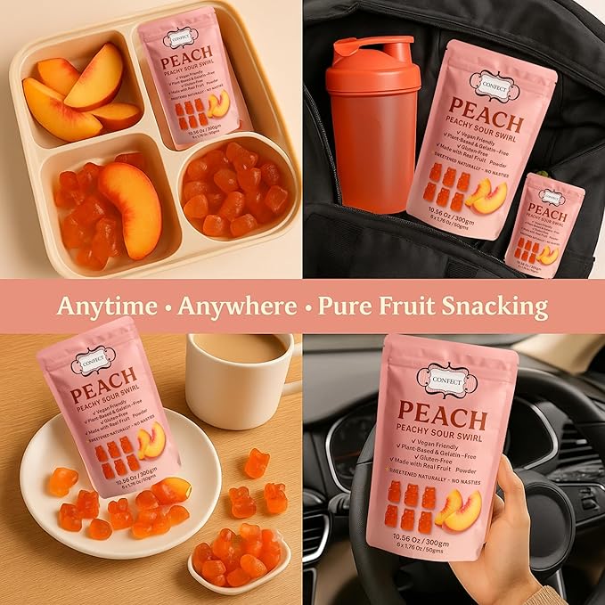 Confect Peachy Sour Swirl Fruit Gummies ā Vegan Candy ā 6 Packs x 1.76 oz ā Gluten-Free, No Corn Syrup, Teddy Bear Shape