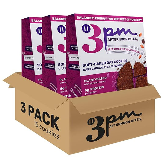 3PM Afternoon Bites Dark Chocolate Almond Functional Cookies, 15 Cookie Value Pack, Contains Protein, Postbiotics, Green Tea Extract