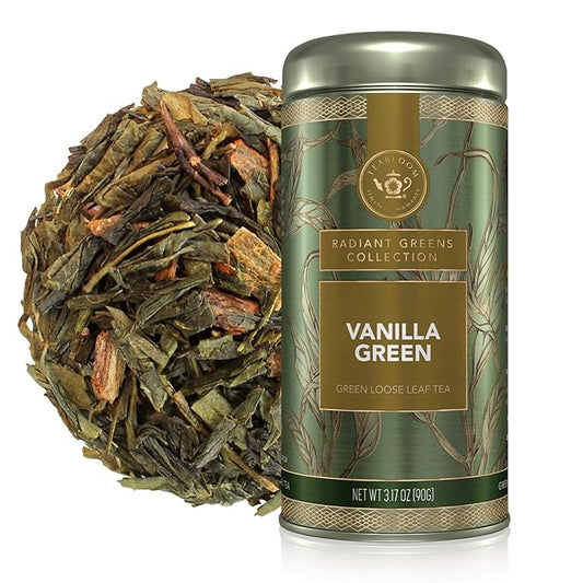 Teabloom Kosher Certified Vanilla Green Tea, Loose Leaf Tea Blend in Reusable Gift Canister, 3.17 oz/90 g Canister Makes 35-50 Cups