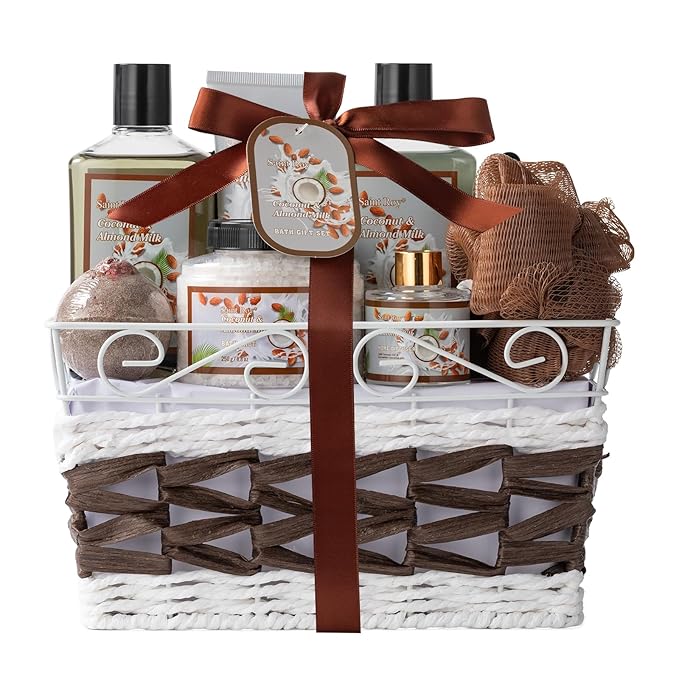 Coconut Almond spa kit, Bath and Body Gift Basket Christmas Gifts for Women & Men Spa Gift Basket,16 Pcs Bath Gift Set With Fragrant Lotion, Home Spa Luxurious Bath Body Oil, Diffuser & More