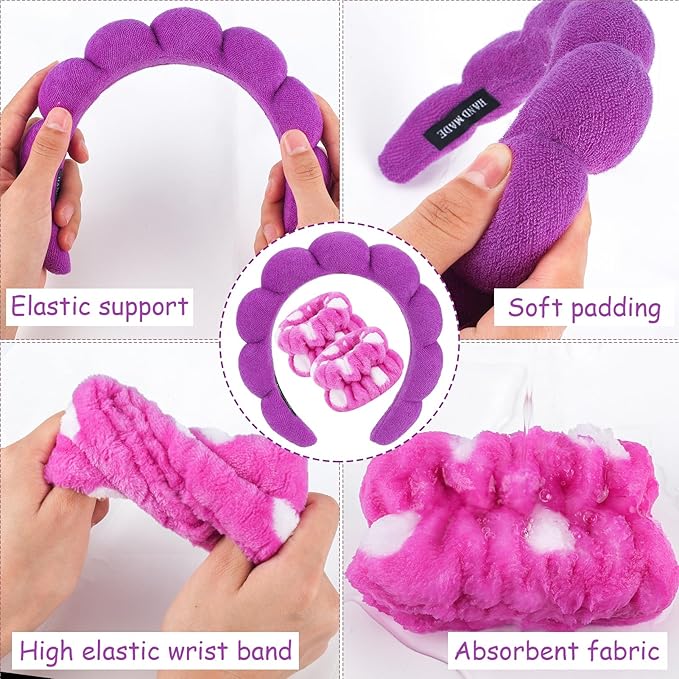 Zkptops Spa Headband for Washing Face Wristband Set Sponge Makeup Skincare Terry Cloth Bubble Soft Get Ready Hairband for Women Girl Puffy Padded Headwear Non Slip Thick Hair Accessory(Dark Purple)