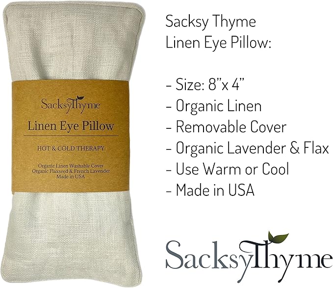 Sacksy Thyme Organic Linen Eye Pillow - Lavender & Flaxseed for Relaxation, Yoga, Stress Relief - Microwavable Heating Pad & Cool Compress - Made in USA - Gifts for Meditation