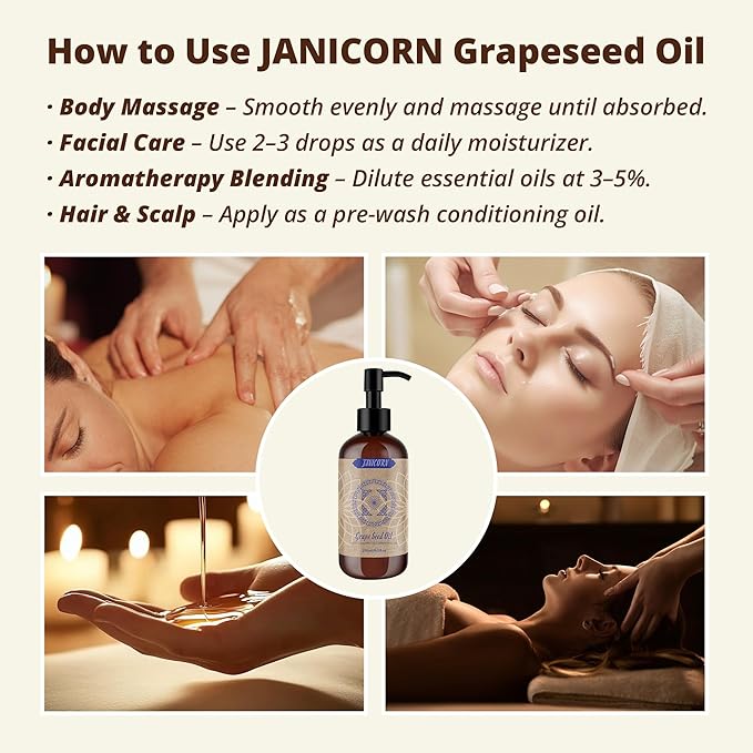 100% Pure Grapeseed Oil – Cold-Pressed, Unscented, Lightweight Natural Oil for Skin, Hair, Face & Body, Premium Quality Moisturizer for Massage & Aromatherapy, 8 fl oz / 236ml