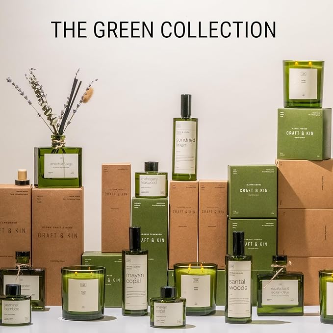 Craft & Kin Mayan Copal Reed Diffuser | All Natural Essential Oil & Rattan Scent Sticks | Fall Reed Diffusers for Home, Bathroom | Long Lasting Home Fragrance in Green Glass, 3.4oz