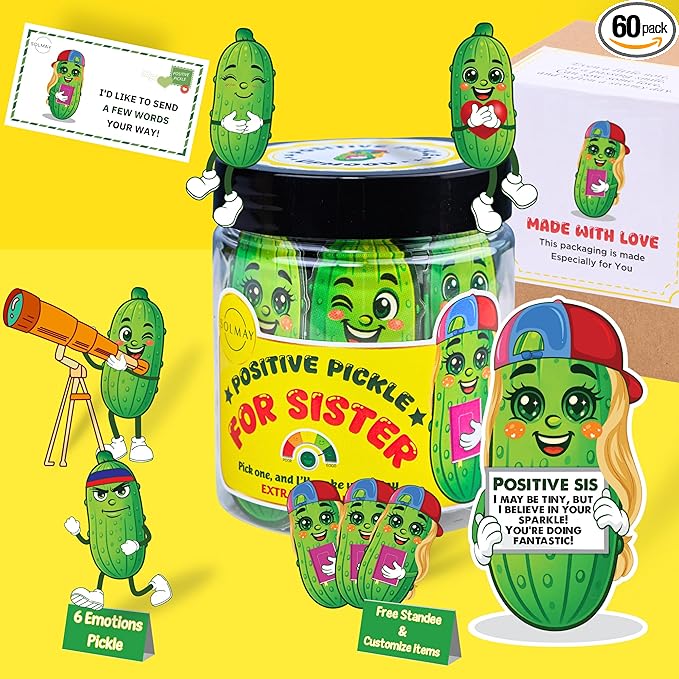 Motivational Pickle Jar for Sister β 60 Funny Affirmations & Daily Positive Notes | Quirky Gift for Women, Teens, Siblings | Self Care, Just Because Gift, Uplifting Desk Decor, Encouragement Jar
