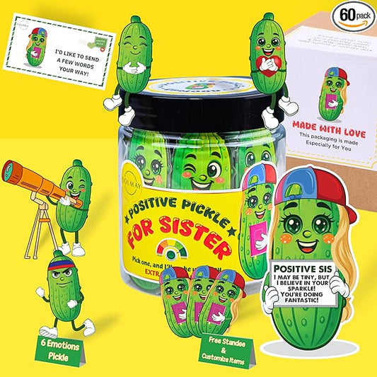 Motivational Pickle Jar for Sister – 60 Funny Affirmations & Daily Positive Notes | Quirky Gift for Women, Teens, Siblings | Self Care, Just Because Gift, Uplifting Desk Decor, Encouragement Jar