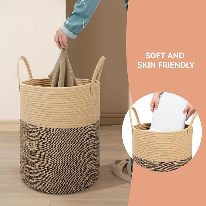 58L Cotton Rope Laundry Basket (20"x15"),Woven Basket for Storage Dirty Clothes Basket for Laundry, Living Room, Nursery, Bedroom Rope Storage Basket for Blankets(Brown/Stitches)