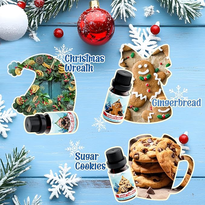 Winter Essential Oil Set, 6x10ml Fragrance Oils for Diffuser & Candle Making - Christmas Wreath, Gingerbread, Sugar Cookies, Hot Chocolate, Peppermint, Cinnamon Aromatherapy Oils for Home