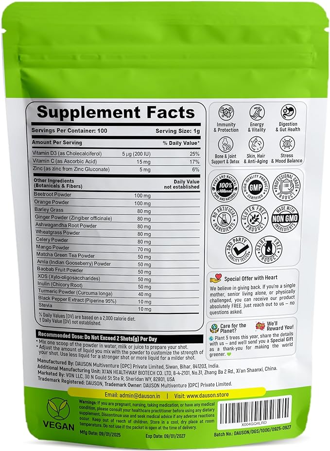 Daily Green Shots β Superfood Powder with Wheatgrass, Matcha, Beetroot, Ashwagandha, Turmeric & Prebiotics β Immunity & Energy Support β Vegan Greens Supplement β 100 Shots