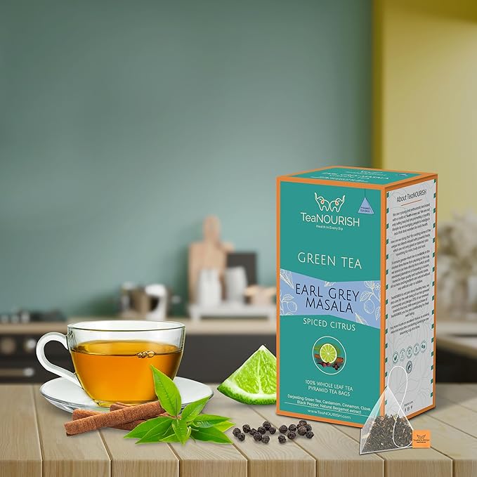 TeaNOURISH Earl Grey Masala Green Tea | 20 Count Pyramid Tea Bags | Spiced Citrus | Darjeeling Whole Tea | Blended with Indian Aromatic Spices enriched with Bergamot extract