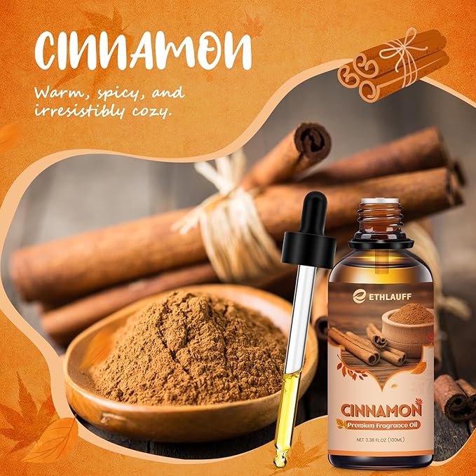 Cinnamon Essential Oil, 100ml Fall Essential Oil for Diffusers for Home, Autumn Scented Oils for Candle & Soap Making, Bath Bombs, Massage - 3.38FL.OZ