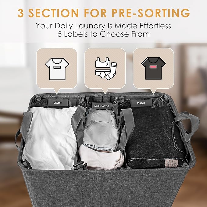 160L Laundry Hamper 3 Section, Dirty Clothes Hamper with Lid for Laundry, Large Laundry Basket with Removable Bags & Labels for Sorting, Hamper 3 Compartment for Laundry Room, Bedroom, Dark Grey