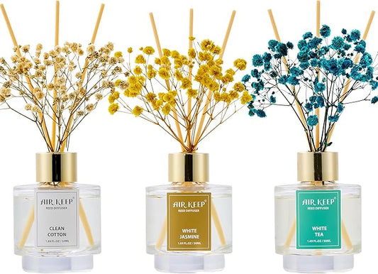Airkeep Reed Diffuser Set of 3,Clean Cotton White Jasmine White Tea Oil Reed Diffusers for Bedroom Living Room Office Aromatherapy Oil Reed Diffuser for Gift 50ml x 3