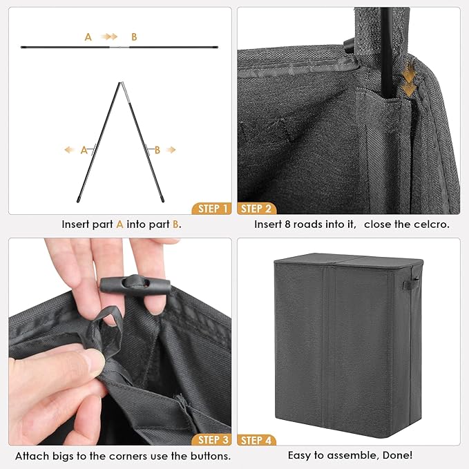 160L Laundry Hamper 3 Section, Dirty Clothes Hamper with Lid for Laundry, Large Laundry Basket with Removable Bags & Labels for Sorting, Hamper 3 Compartment for Laundry Room, Bedroom, Dark Grey