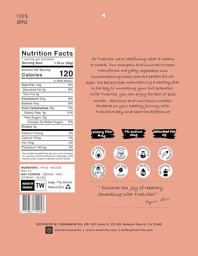 TwelVita Natural Baked Fuji Apple Crisps, Vegan Snacks, Clean Label, Non-GMO, Gluten-Free, 1.76 oz ea, Pack of 4