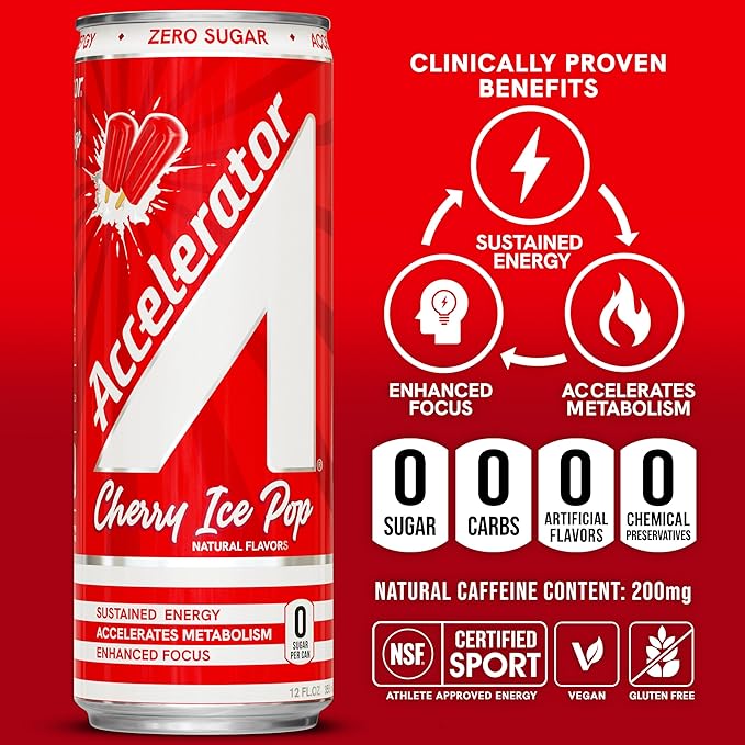 Accelerator Energy Drink Sugar Free, Cherry Ice Pop 12oz can(12 pack), Zero Sugar Energy Drinks with Sustained Energy from 100% Natural Caffeine (200mg) & Green Tea extract