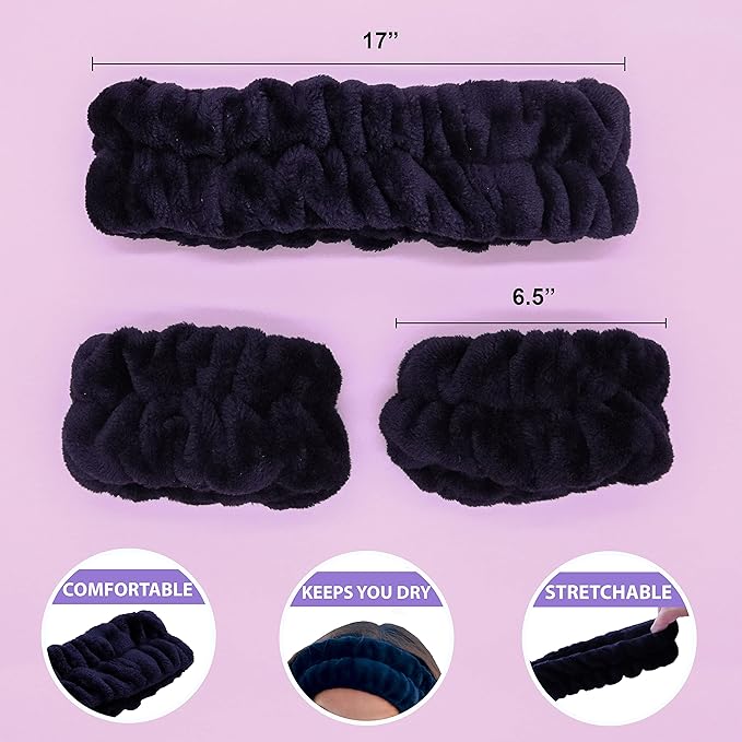 FROG SAC Puffy Spa Headband and Wristbands for Face Washing, Fuzzy Skincare Headbands for Women, Soft Makeup Skin Care Hair Accessories for Girls, Bubble Make Up Sleepover Party Supplies (Black)