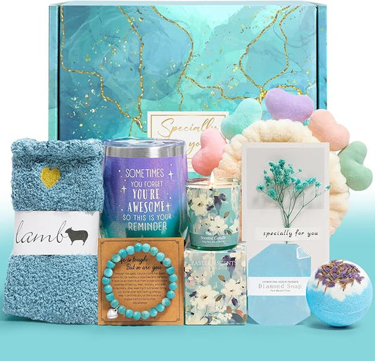 Get Well Gifts for Women, 9pc Happy Birthday Self Care Package Spa Bath Blue Gift Box for Women Who Have Everything New Mom Girl Grandma Coworkers Mother Christmas